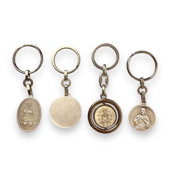 Vintage Silver Toned Medal Charm Keychain Religious lot of 4 pcs - Picture 2 of 5